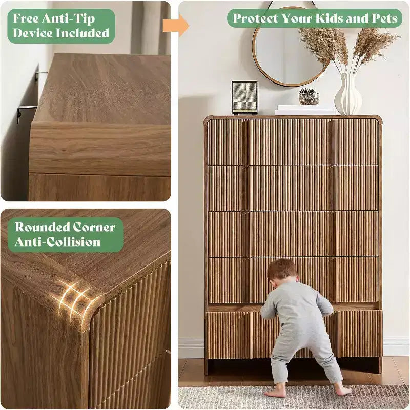 48" Fluted Chest Dresser with Pine Handles, 5 Drawers, Rounded Corners, Anti-Tip, Wood Storage Organizer