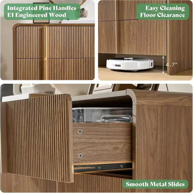 48" Fluted Chest Dresser with Pine Handles, 5 Drawers, Rounded Corners, Anti-Tip, Wood Storage Organizer
