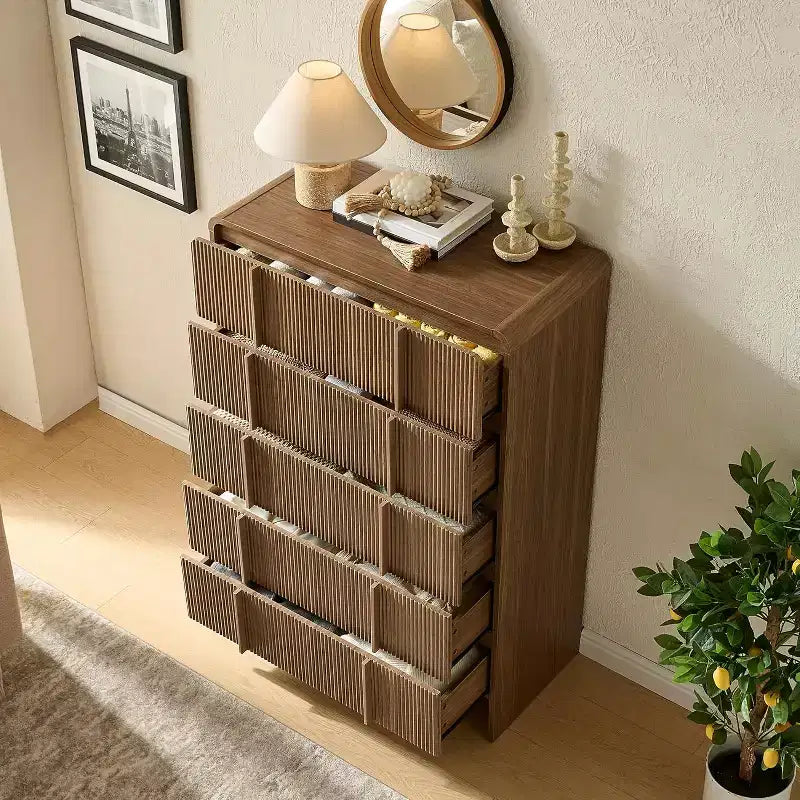 48" Fluted Chest Dresser with Pine Handles, 5 Drawers, Rounded Corners, Anti-Tip, Wood Storage Organizer