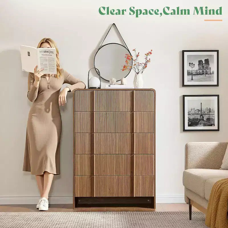 48" Fluted Chest Dresser with Pine Handles, 5 Drawers, Rounded Corners, Anti-Tip, Wood Storage Organizer