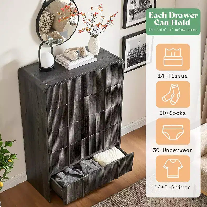48" Fluted Chest Dresser with Pine Handles, 5 Drawers, Rounded Corners, Anti-Tip, Wood Storage Organizer