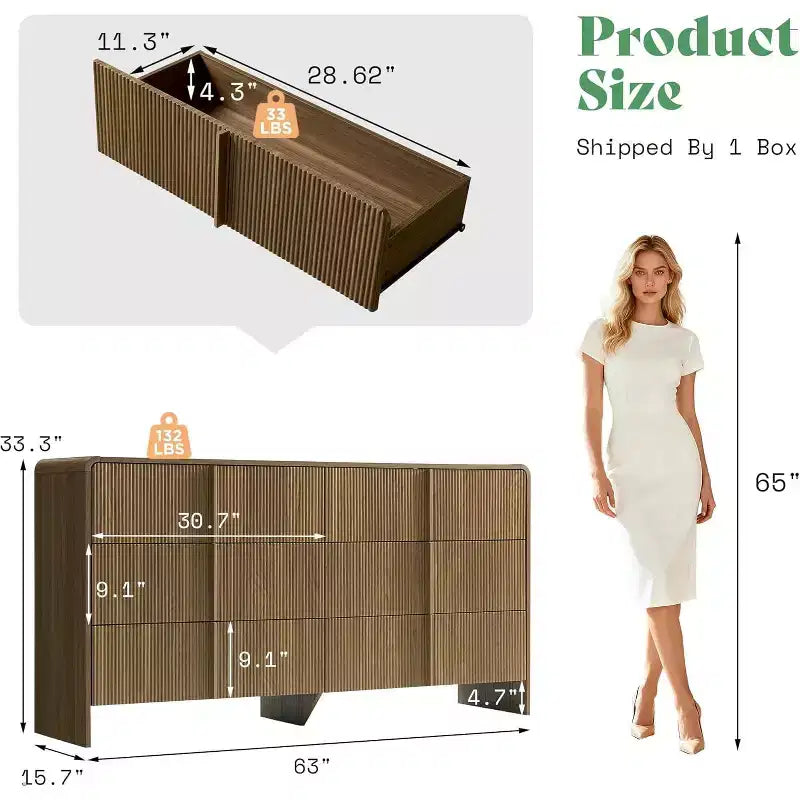 48" Fluted Chest Dresser with Pine Handles, 5 Drawers, Rounded Corners, Anti-Tip, Wood Storage Organizer