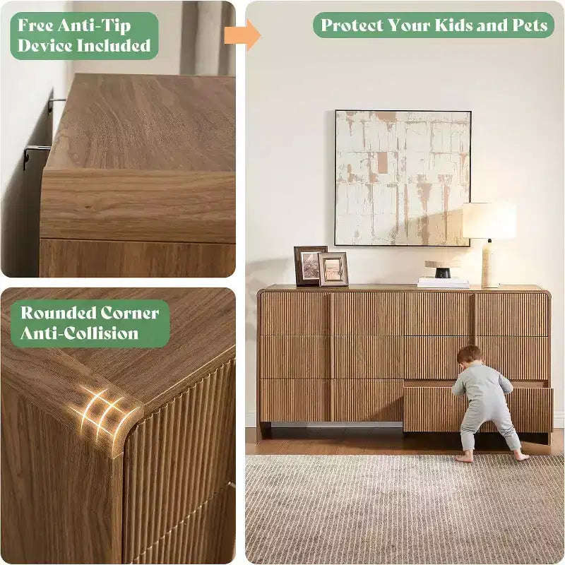 48" Fluted Chest Dresser with Pine Handles, 5 Drawers, Rounded Corners, Anti-Tip, Wood Storage Organizer