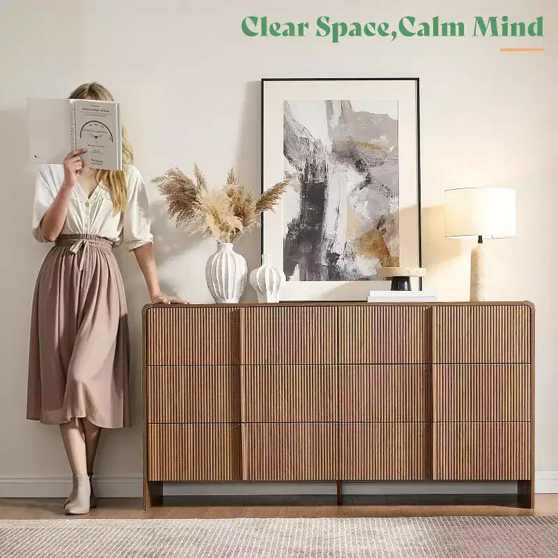 48" Fluted Chest Dresser with Pine Handles, 5 Drawers, Rounded Corners, Anti-Tip, Wood Storage Organizer