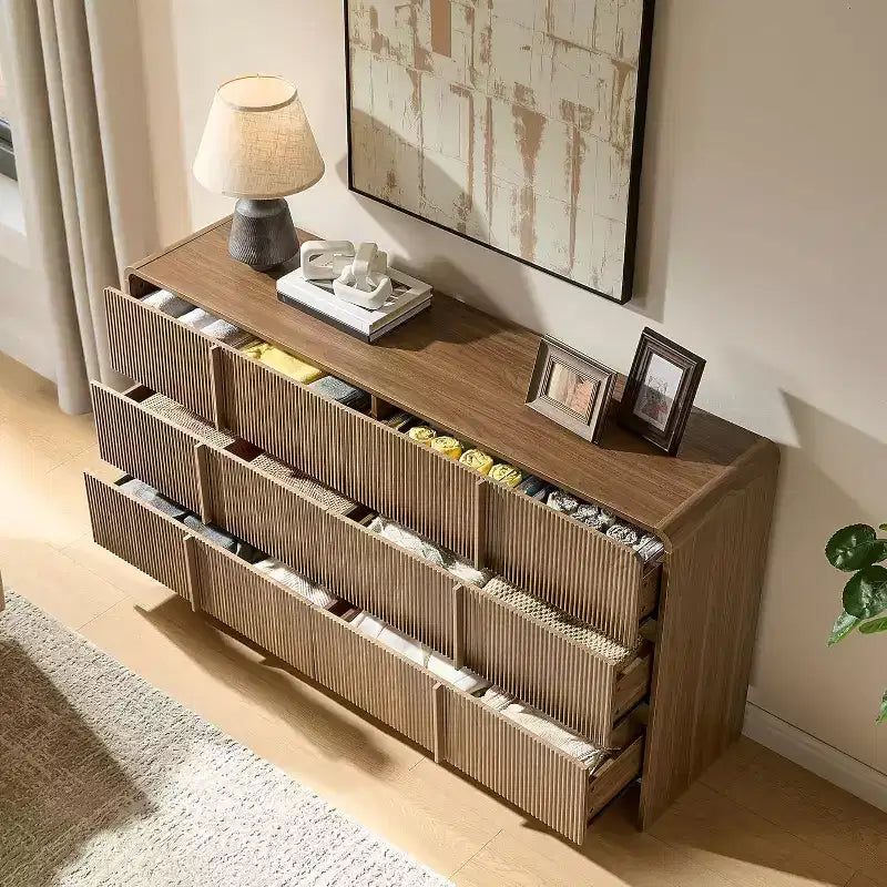 48" Fluted Chest Dresser with Pine Handles, 5 Drawers, Rounded Corners, Anti-Tip, Wood Storage Organizer