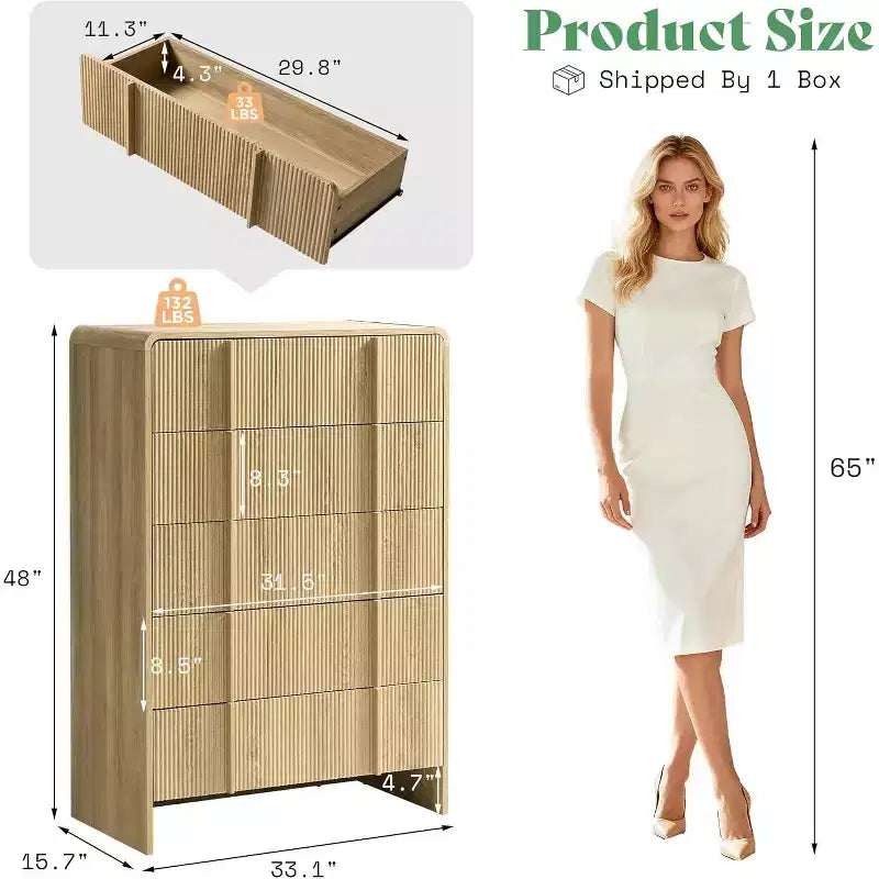 48" Fluted Chest Dresser with Pine Handles, 5 Drawers, Rounded Corners, Anti-Tip, Wood Storage Organizer