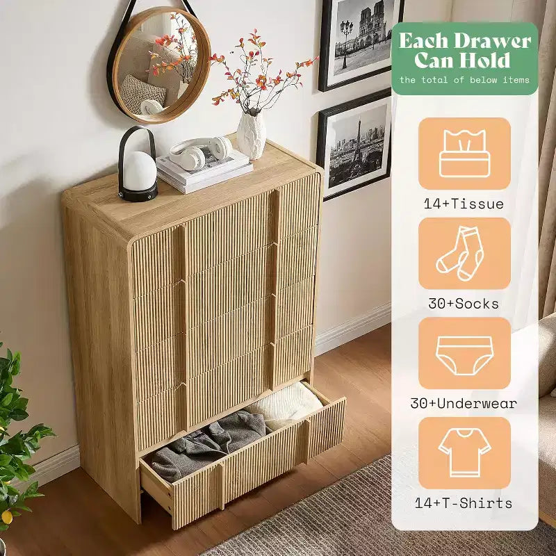 48" Fluted Chest Dresser with Pine Handles, 5 Drawers, Rounded Corners, Anti-Tip, Wood Storage Organizer