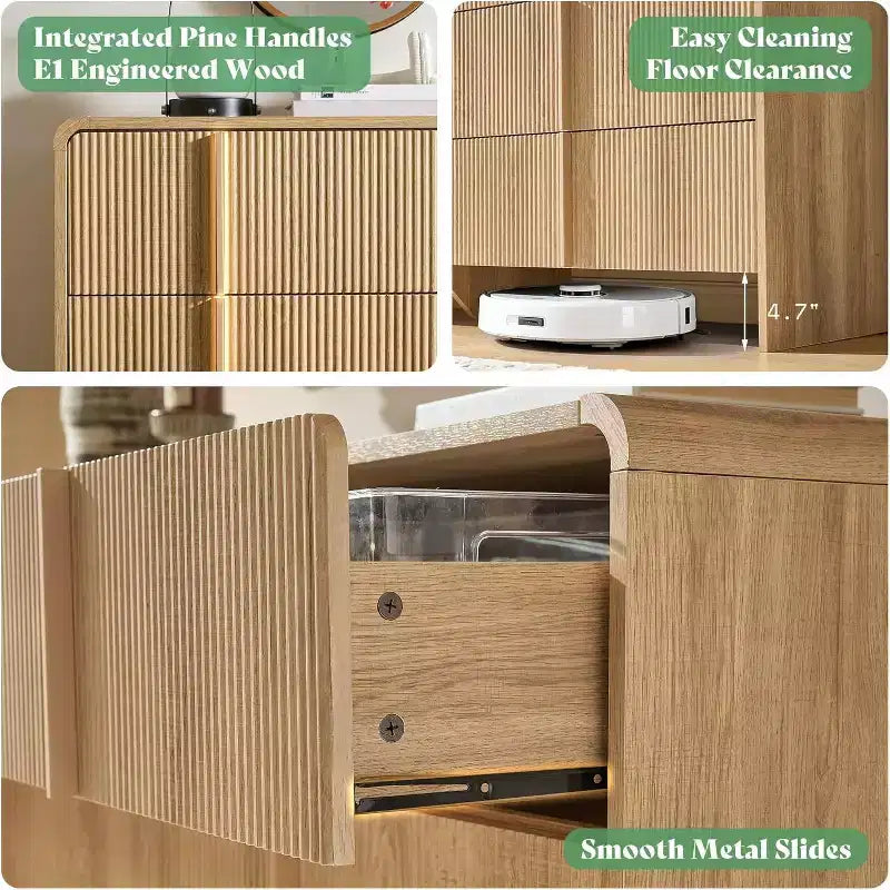 48" Fluted Chest Dresser with Pine Handles, 5 Drawers, Rounded Corners, Anti-Tip, Wood Storage Organizer