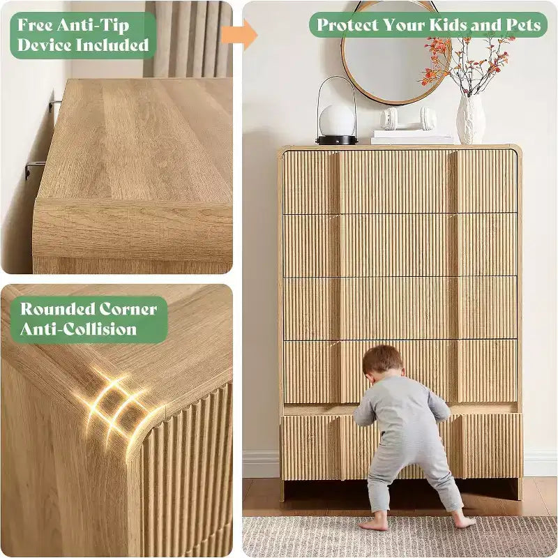 48" Fluted Chest Dresser with Pine Handles, 5 Drawers, Rounded Corners, Anti-Tip, Wood Storage Organizer