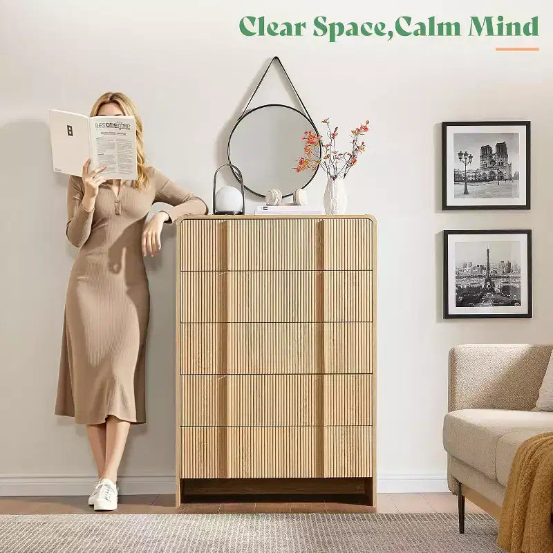 48" Fluted Chest Dresser with Pine Handles, 5 Drawers, Rounded Corners, Anti-Tip, Wood Storage Organizer