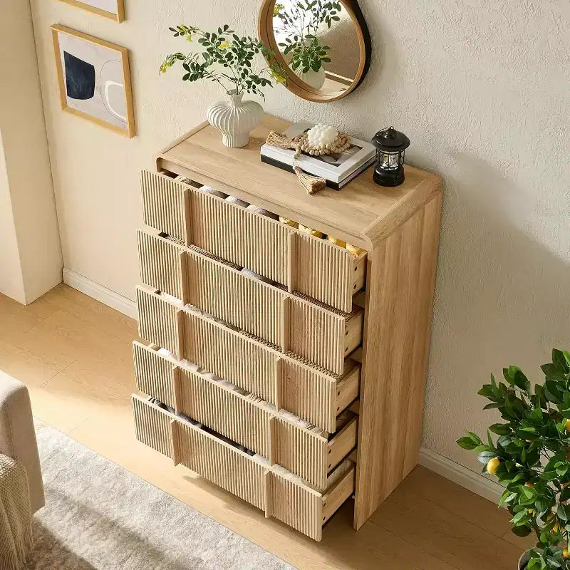 48" Fluted Chest Dresser with Pine Handles, 5 Drawers, Rounded Corners, Anti-Tip, Wood Storage Organizer