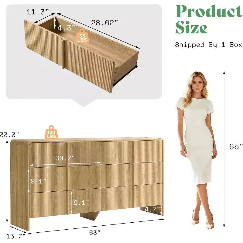 48" Fluted Chest Dresser with Pine Handles, 5 Drawers, Rounded Corners, Anti-Tip, Wood Storage Organizer