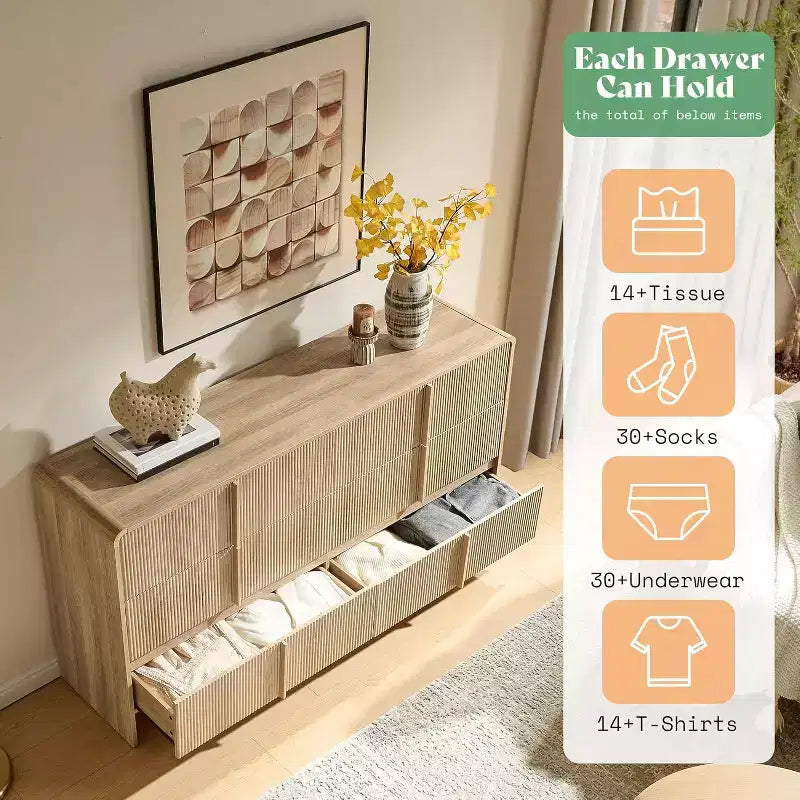 48" Fluted Chest Dresser with Pine Handles, 5 Drawers, Rounded Corners, Anti-Tip, Wood Storage Organizer