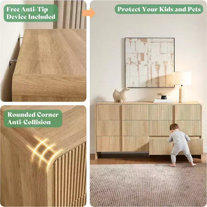 48" Fluted Chest Dresser with Pine Handles, 5 Drawers, Rounded Corners, Anti-Tip, Wood Storage Organizer