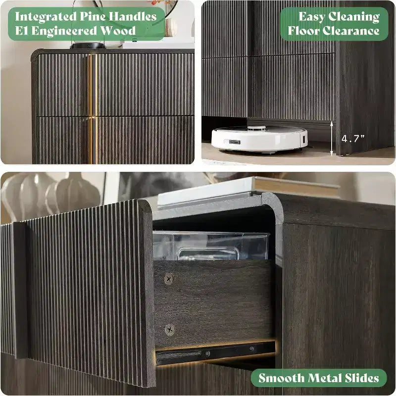 48" Fluted Chest Dresser with Pine Handles, 5 Drawers, Rounded Corners, Anti-Tip, Wood Storage Organizer