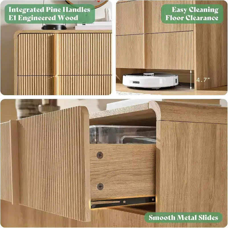 48" Fluted Chest Dresser with Pine Handles, 5 Drawers, Rounded Corners, Anti-Tip, Wood Storage Organizer
