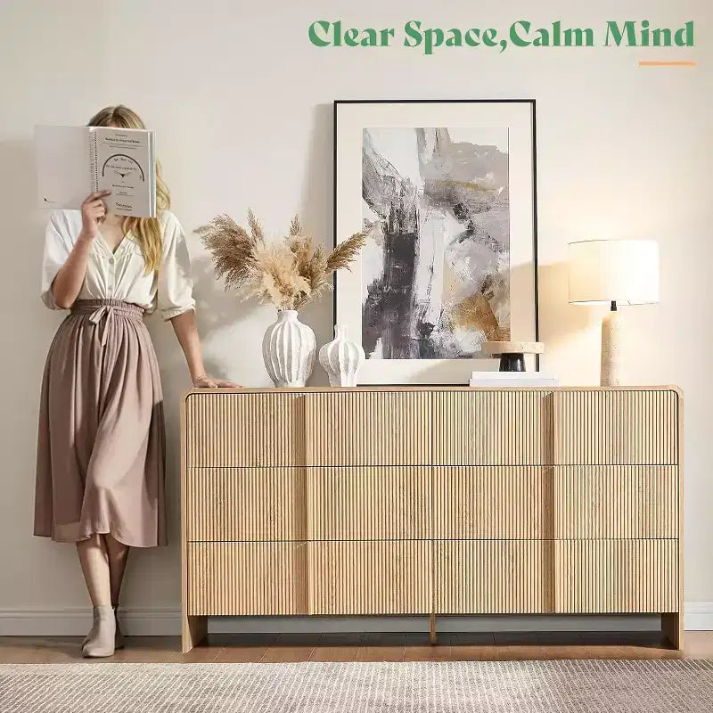 48" Fluted Chest Dresser with Pine Handles, 5 Drawers, Rounded Corners, Anti-Tip, Wood Storage Organizer
