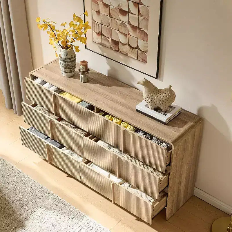 48" Fluted Chest Dresser with Pine Handles, 5 Drawers, Rounded Corners, Anti-Tip, Wood Storage Organizer