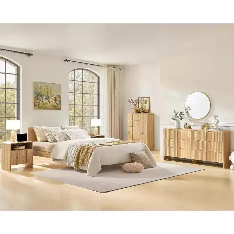 48" Fluted Chest Dresser with Pine Handles, 5 Drawers, Rounded Corners, Anti-Tip, Wood Storage Organizer