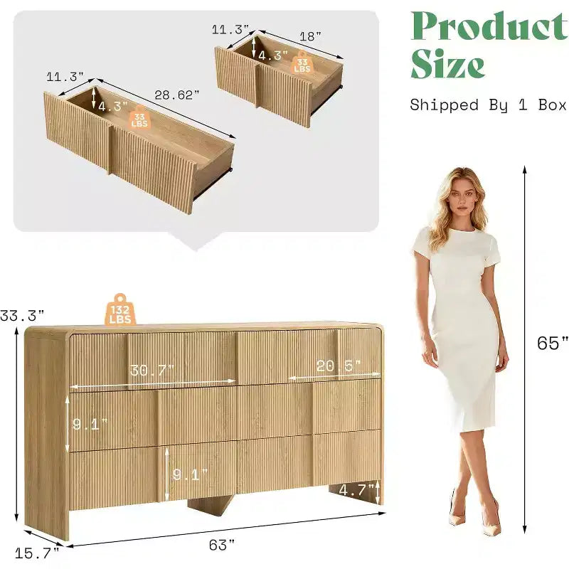 48" Fluted Chest Dresser with Pine Handles, 5 Drawers, Rounded Corners, Anti-Tip, Wood Storage Organizer