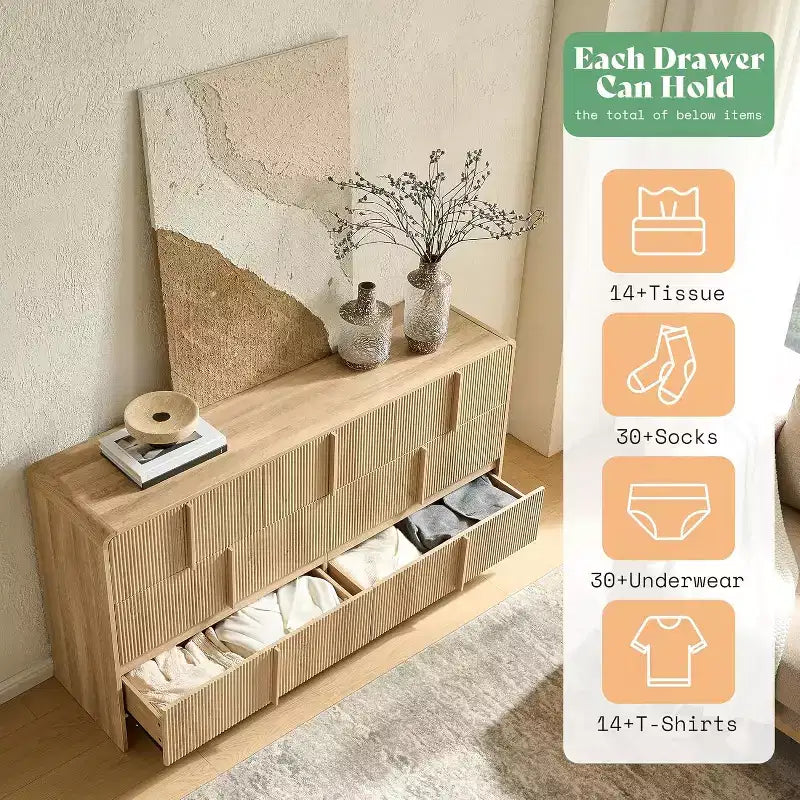 48" Fluted Chest Dresser with Pine Handles, 5 Drawers, Rounded Corners, Anti-Tip, Wood Storage Organizer