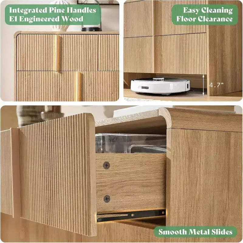 48" Fluted Chest Dresser with Pine Handles, 5 Drawers, Rounded Corners, Anti-Tip, Wood Storage Organizer