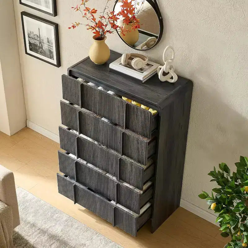 48" Fluted Chest Dresser with Pine Handles, 5 Drawers, Rounded Corners, Anti-Tip, Wood Storage Organizer