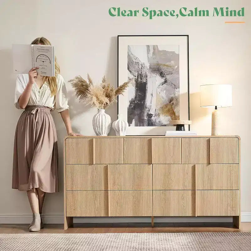 48" Fluted Chest Dresser with Pine Handles, 5 Drawers, Rounded Corners, Anti-Tip, Wood Storage Organizer