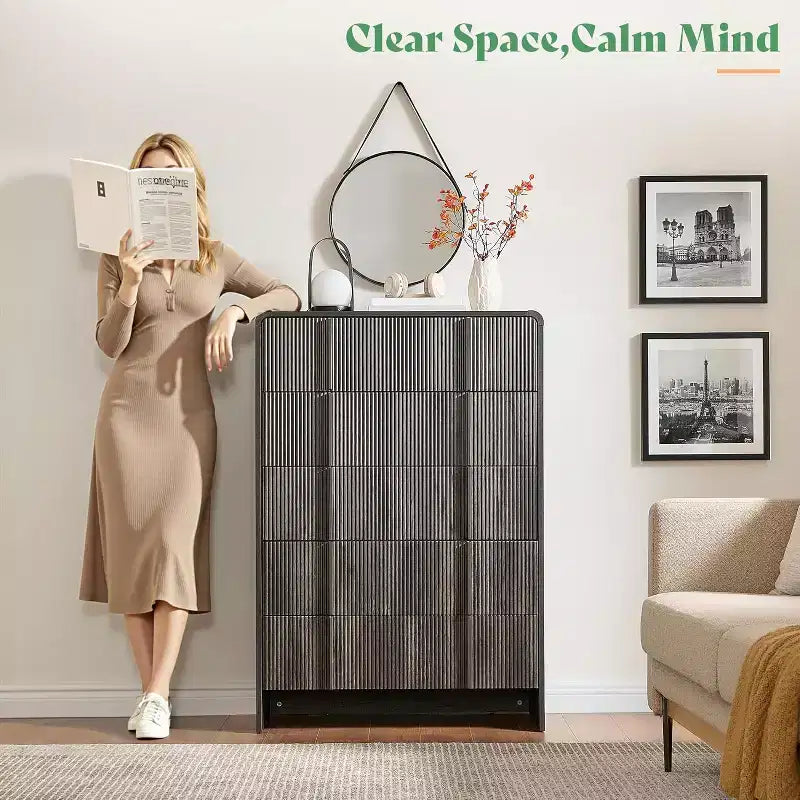 48" Fluted Chest Dresser with Pine Handles, 5 Drawers, Rounded Corners, Anti-Tip, Wood Storage Organizer
