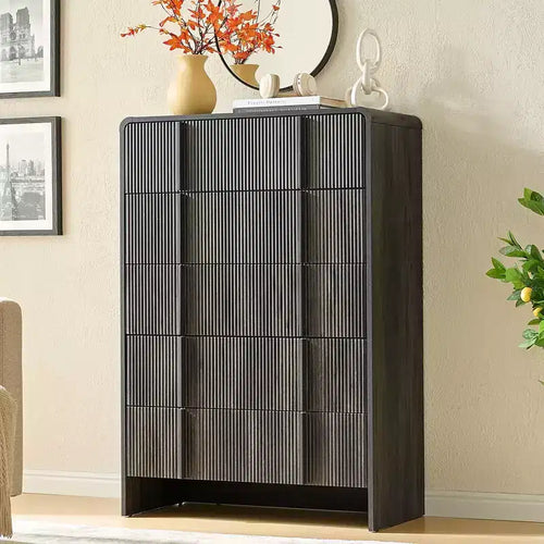 AMERLIFE Fluted Modern Chest Dresser with Pine Handles, Rounded Corners & Anti-Tip, 48 Tall Wood Storage Organizer for Living Room
