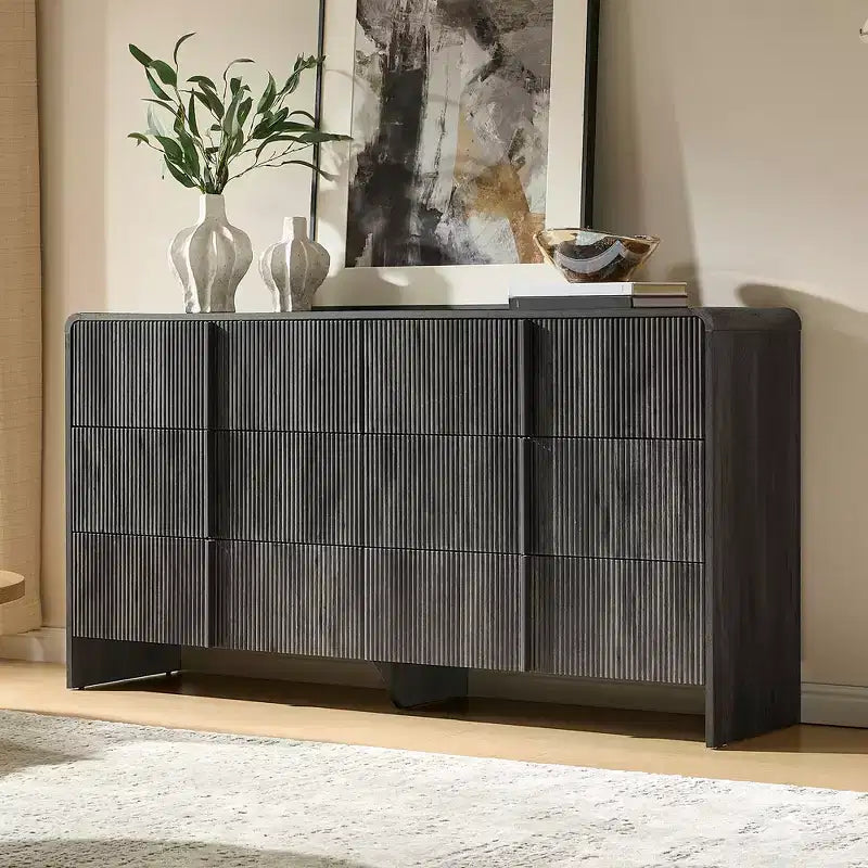 48" Fluted Chest Dresser with Pine Handles, 5 Drawers, Rounded Corners, Anti-Tip, Wood Storage Organizer