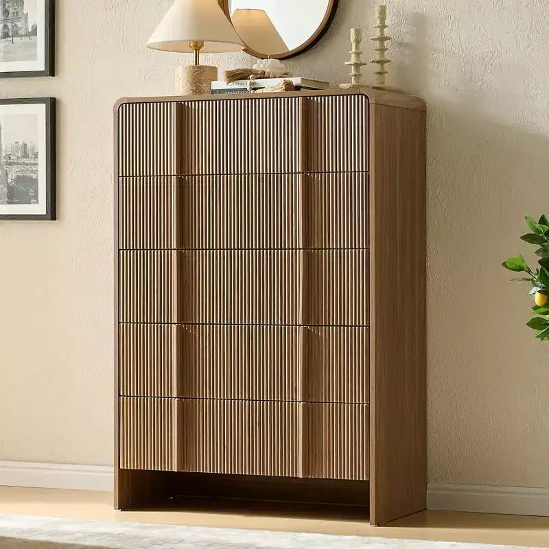 48" Fluted Chest Dresser with Pine Handles, 5 Drawers, Rounded Corners, Anti-Tip, Wood Storage Organizer