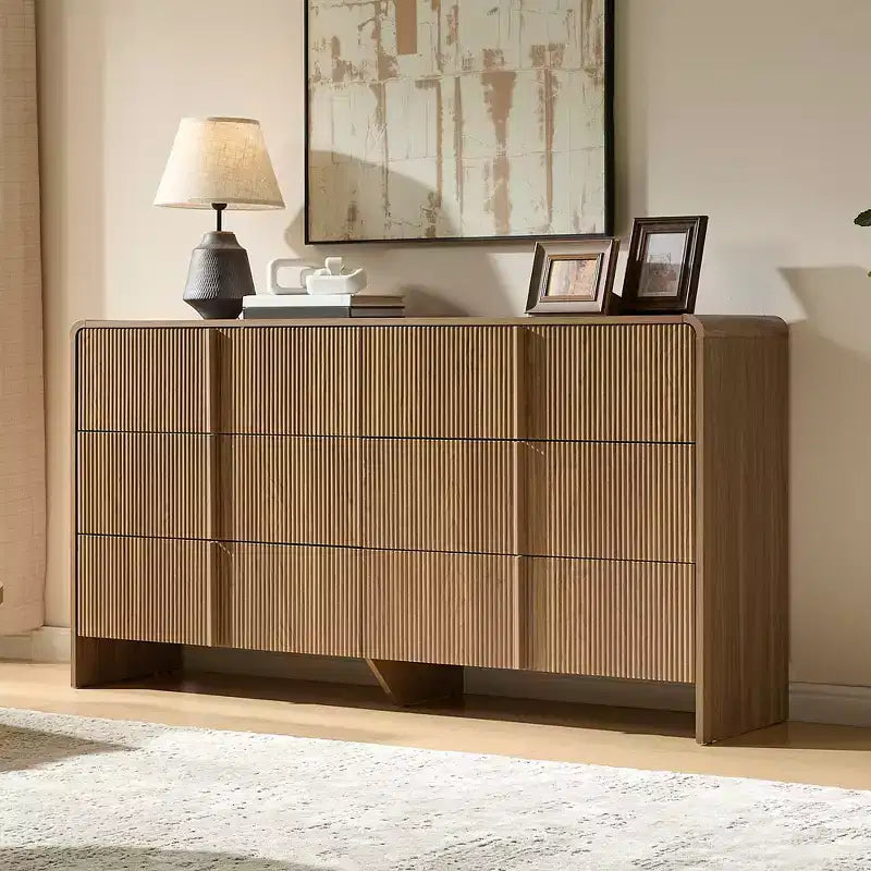 48" Fluted Chest Dresser with Pine Handles, 5 Drawers, Rounded Corners, Anti-Tip, Wood Storage Organizer