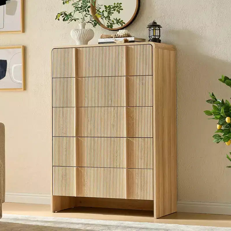 48" Fluted Chest Dresser with Pine Handles, 5 Drawers, Rounded Corners, Anti-Tip, Wood Storage Organizer