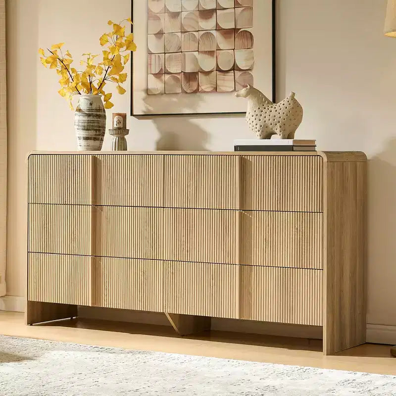 48" Fluted Chest Dresser with Pine Handles, 5 Drawers, Rounded Corners, Anti-Tip, Wood Storage Organizer