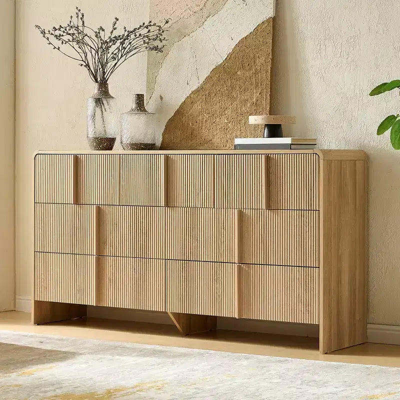48" Fluted Chest Dresser with Pine Handles, 5 Drawers, Rounded Corners, Anti-Tip, Wood Storage Organizer