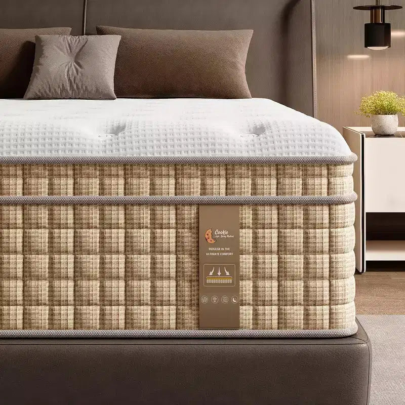14" Queen Hybrid Mattress – Memory Foam, Pocket Innerspring, Fiberglass-Free, Beige & White