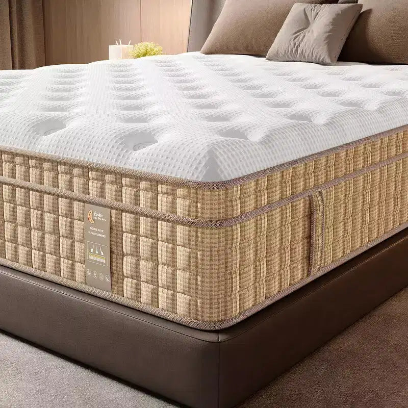 14" Queen Hybrid Mattress – Memory Foam, Pocket Innerspring, Fiberglass-Free, Beige & White