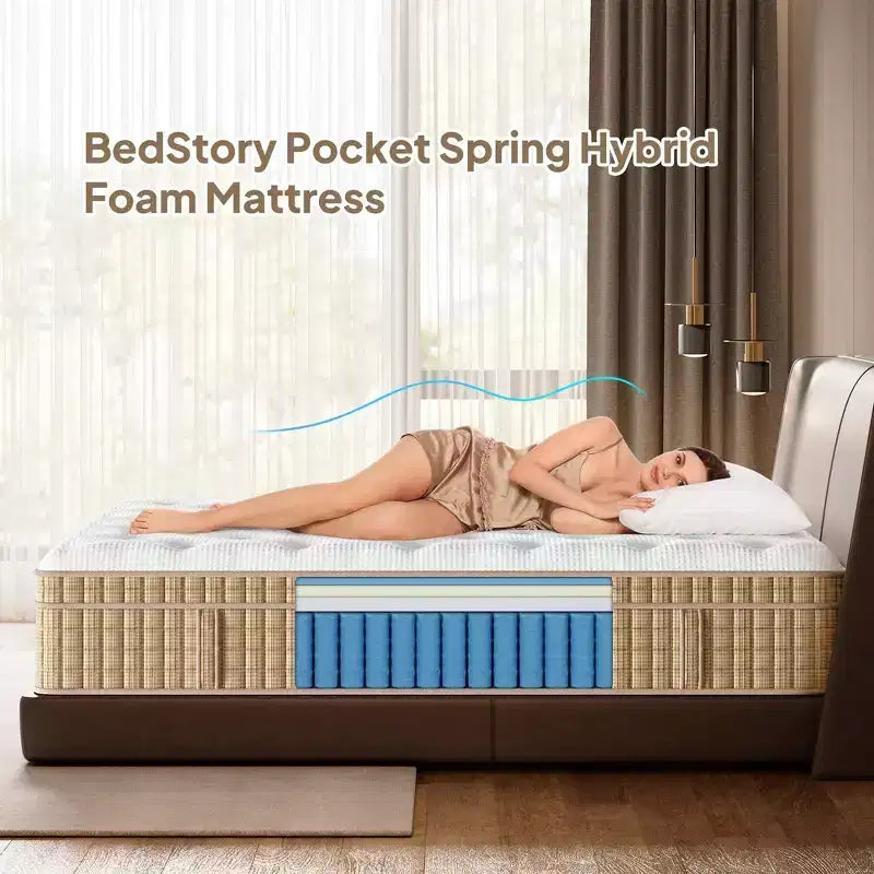 14" Queen Hybrid Mattress – Memory Foam, Pocket Innerspring, Fiberglass-Free, Beige & White