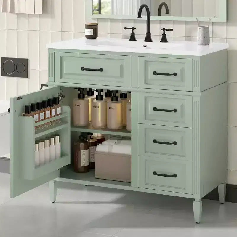 36" Bathroom Vanity with Sink, White Solid Wood, 3 Drawers, 2 Doors, Black Metal Handles, MDF