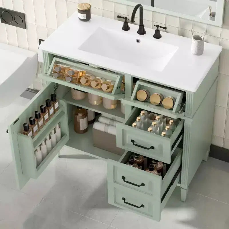 36" Bathroom Vanity with Sink, White Solid Wood, 3 Drawers, 2 Doors, Black Metal Handles, MDF
