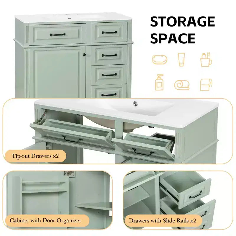 36" Bathroom Vanity with Sink, White Solid Wood, 3 Drawers, 2 Doors, Black Metal Handles, MDF
