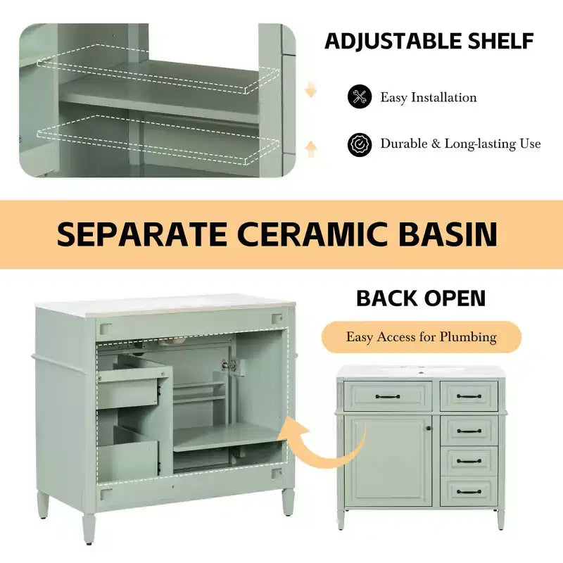 36" Bathroom Vanity with Sink, White Solid Wood, 3 Drawers, 2 Doors, Black Metal Handles, MDF