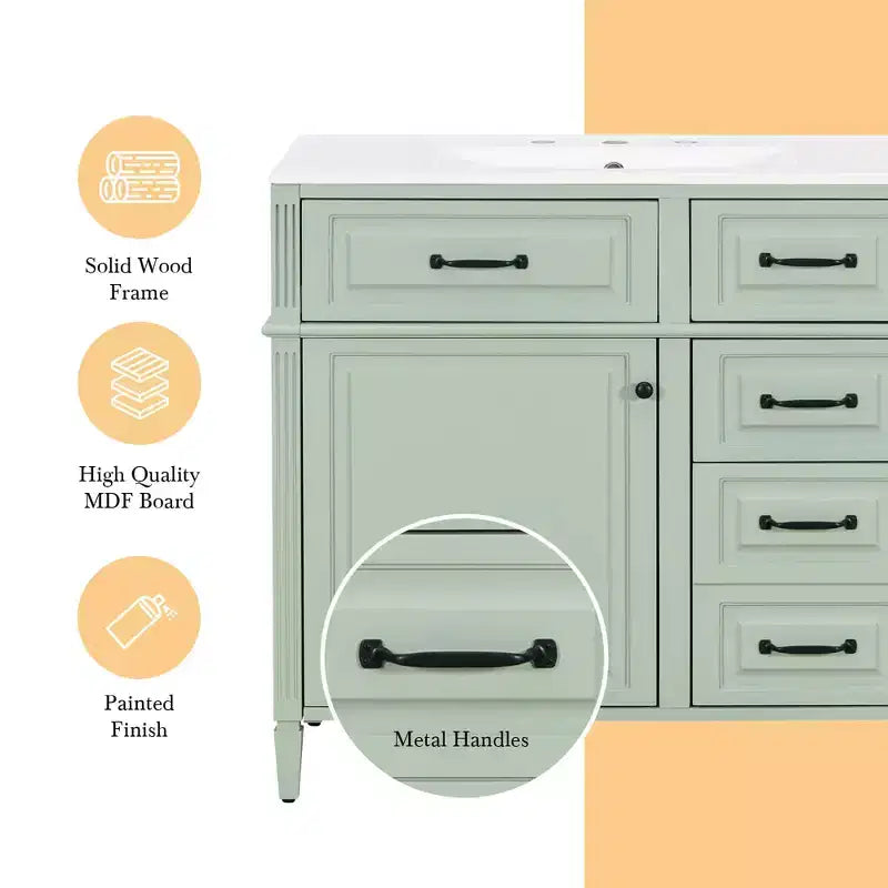 36" Bathroom Vanity with Sink, White Solid Wood, 3 Drawers, 2 Doors, Black Metal Handles, MDF