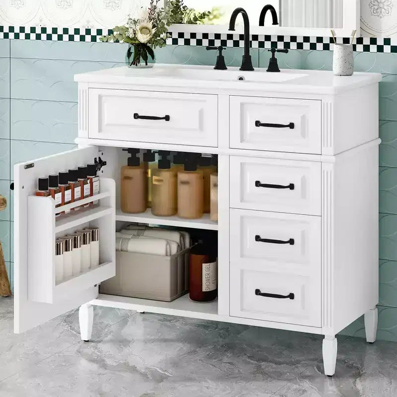 36" Bathroom Vanity with Sink, White Solid Wood, 3 Drawers, 2 Doors, Black Metal Handles, MDF