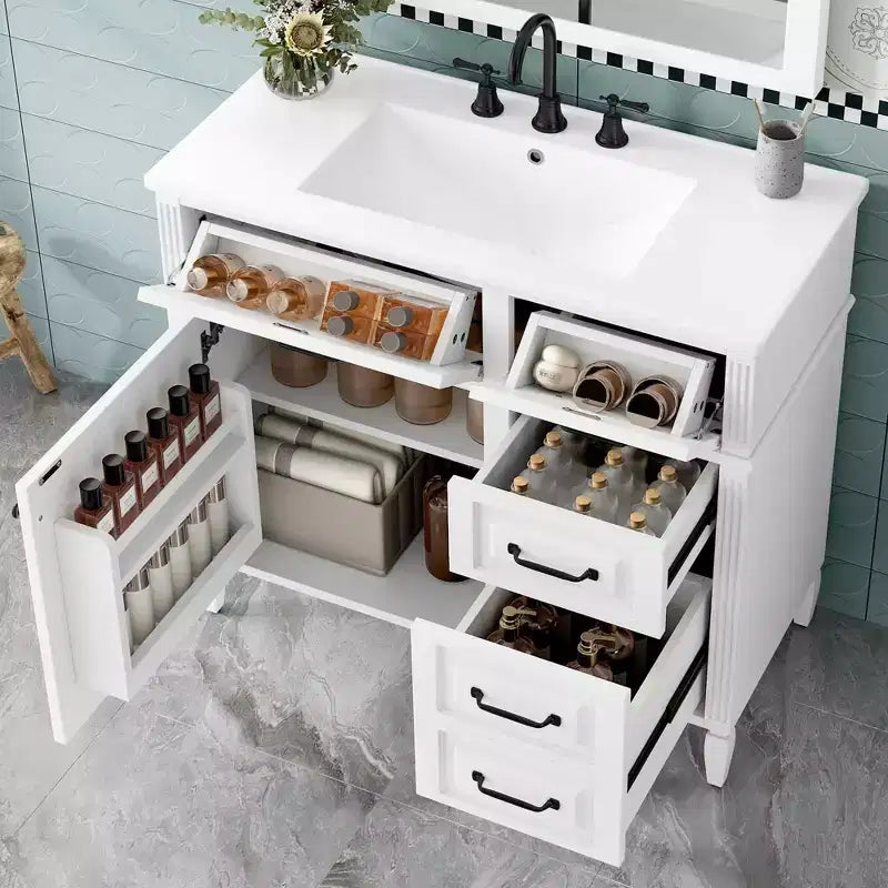 36" Bathroom Vanity with Sink, White Solid Wood, 3 Drawers, 2 Doors, Black Metal Handles, MDF