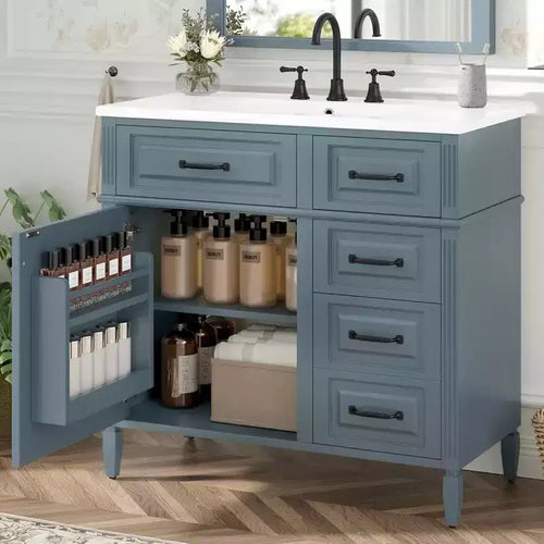 36" Bathroom Vanity with Sink, White Solid Wood, 3 Drawers, 2 Doors, Black Metal Handles, MDF
