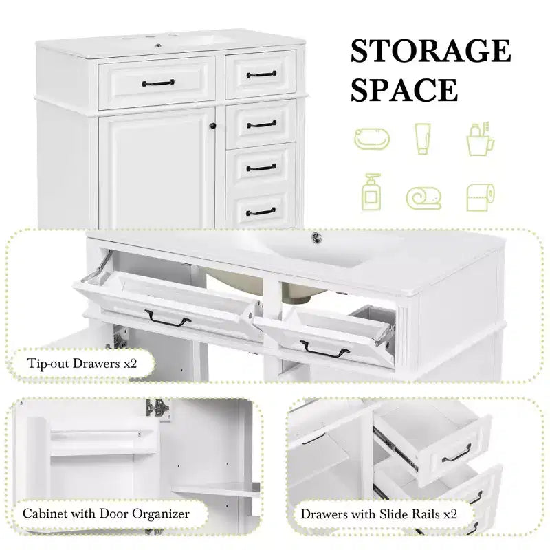 36" Bathroom Vanity with Sink, White Solid Wood, 3 Drawers, 2 Doors, Black Metal Handles, MDF