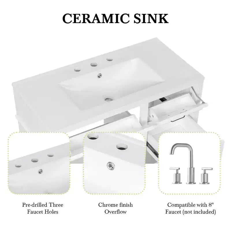 36" Bathroom Vanity with Sink, White Solid Wood, 3 Drawers, 2 Doors, Black Metal Handles, MDF
