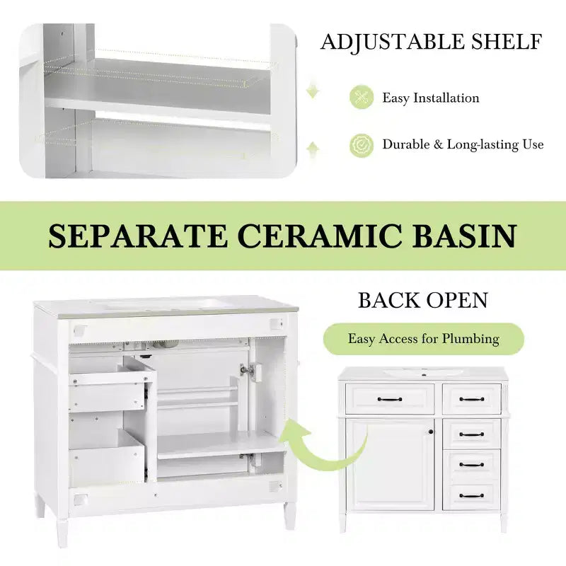 36" Bathroom Vanity with Sink, White Solid Wood, 3 Drawers, 2 Doors, Black Metal Handles, MDF